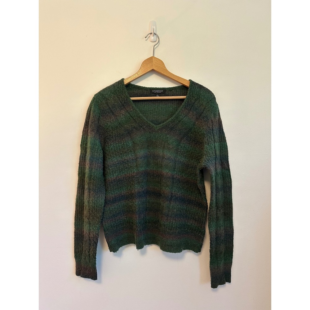 Liverpool Los Angeles Green Blue Ombre V-Neck Cable Knit Sweater | Size Small